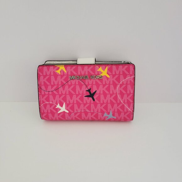 Michael Kors Jet Set Travel Agency Medium Bifold Zip Coin Wallet Dragonfruit - Picture 2 of 8